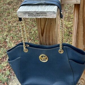 Michael Kors Dark Blue Shoulder Bag with Gold Chain